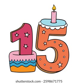 A festive number 15-shaped birthday cake, beautifully decorated with frosting, sprinkles, and candles, perfect for celebrating a milestone birthday in style!