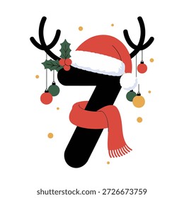 Festliche Nummer 7, Weihnachtsmütze, Schal, Rentiergeweih, Heiligenbeeren, baumelnde Sträucher, saisonale Countdown-Kunst, Vektordesign