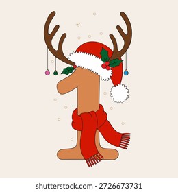 Número uno festivo con sombrero de Santa, astas de reno, bufanda, adornos colgantes, confeti nevado, Vector de Navidades juguetonas, fondo beige