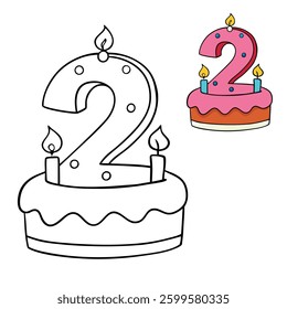 A festive number two-shaped birthday cake, beautifully decorated with colorful frosting, sprinkles, and candles, perfect for celebrating a special second birthday!