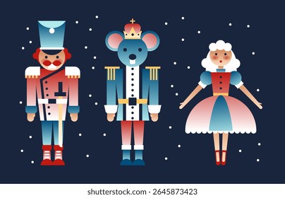 Festive nutcracker collection with soldier, mouse king and ballerina on snowy dark background - colorful Christmas characters in traditional uniforms, crown and tutu. Holiday fairy tale figures toys