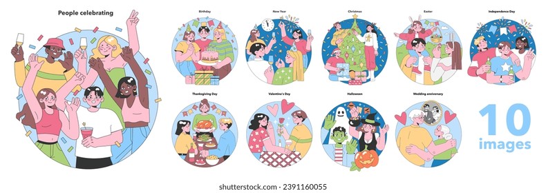 Festive Occasions set. Global celebrations and personal milestones. Joyful gatherings, gift exchanges, and cultural festivities. Flat vector illustration.