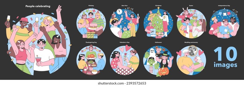 Festive Occasions set. Global celebrations and personal milestones. Joyful gatherings, gift exchanges, and cultural festivities. Flat vector illustration.