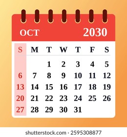 Festive October 2030 calendar. Perfect for Halloween planning, event scheduling, and productivity tracking