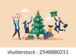 Festive office celebration with employees decorating a Christmas tree, exchanging gifts, and enjoying a joyful holiday party atmosphere. Ideal for corporate holiday themes and designs.