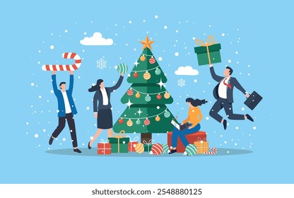 Festive office celebration with employees decorating a Christmas tree, exchanging gifts, snowflakes and enjoying a joyful holiday party atmosphere. Ideal for corporate holiday themes and designs.