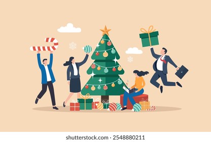 Celebración festiva de la oficina con empleados que decoran un árbol de Navidad, intercambian regalos y disfrutan de un ambiente festivo alegre. Ideal para temas y diseños de vacaciones corporativas.