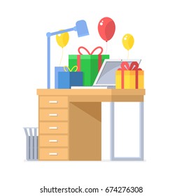 Festive office table with celebration gift boxes and balloons isolated on white background. Holiday workplace with laptop and presents pile. Happy Birthday or Christmas congratulation concept.