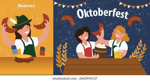 Festive Oktoberfest Banner Vector Illustration - Beer, Sausages, Pretzels and Celebration Graphics