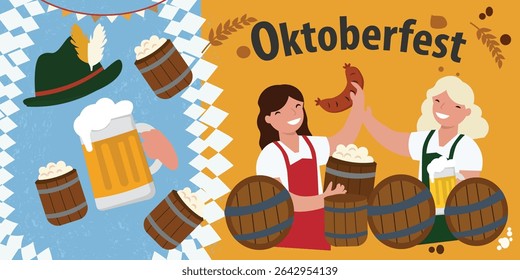 Festive Oktoberfest Banner Vector Illustration - Beer, Sausages, Pretzels and Celebration Graphics