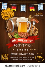 Festive oktoberfest poster with beer barrel sausages wheat mug and party flags on wooden background vector illustration