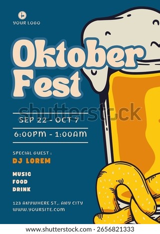 Festive Oktoberfest poster featuring a large beer mug with foam, traditional pretzel, and wheat illustration on dark blue background. Perfect for German beer festival invitations or party announcement