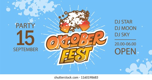 Festive Oktoberfest poster with Oktoberfest sign, emblem and mugs with beer. Oktoberfest beer party design. Vector illustration