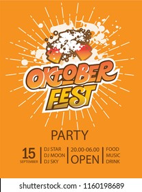 Festive Oktoberfest poster with Oktoberfest sign, emblem and pretzel. Oktoberfest beer party design. Vector illustration