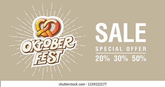 Festive Oktoberfest Sale poster with Oktoberfest sign, emblem and pretzel on blue background. For Oktoberfest sale design. Seasonal offer with discount. Vector illustration