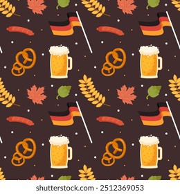 Diseño festivo del patrón inconsútil de Oktoberfest con las Ilustraciones planas de la historieta, ofreciendo los Elementos tradicionales como la cerveza, los pretzels, y la cultura bávara