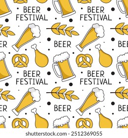 Festive Oktoberfest Seamless Pattern Design with Flat Cartoon Illustrations, featuring Traditional Elements Like Beer, Pretzels, and Bavarian Culture