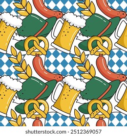 Festive Oktoberfest Seamless Pattern Design with Flat Cartoon Illustrations, featuring Traditional Elements Like Beer, Pretzels, and Bavarian Culture