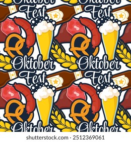 Diseño festivo del patrón inconsútil de Oktoberfest con las Ilustraciones planas de la historieta, ofreciendo los Elementos tradicionales como la cerveza, los pretzels, y la cultura bávara