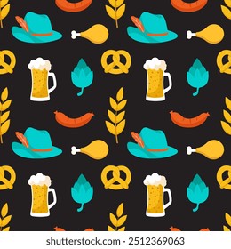 Diseño festivo del patrón inconsútil de Oktoberfest con las Ilustraciones planas de la historieta, ofreciendo los Elementos tradicionales como la cerveza, los pretzels, y la cultura bávara