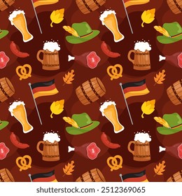 Festive Oktoberfest Seamless Pattern Design with Flat Cartoon Illustrations, featuring Traditional Elements Like Beer, Pretzels, and Bavarian Culture