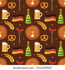 Diseño festivo del patrón inconsútil de Oktoberfest con las Ilustraciones planas de la historieta, ofreciendo los Elementos tradicionales como la cerveza, los pretzels, y la cultura bávara