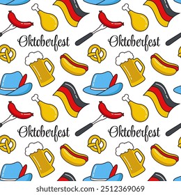 Diseño festivo del patrón inconsútil de Oktoberfest con las Ilustraciones planas de la historieta, ofreciendo los Elementos tradicionales como la cerveza, los pretzels, y la cultura bávara