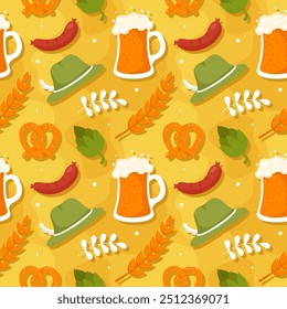 Festive Oktoberfest Seamless Pattern Design with Flat Cartoon Illustrations, featuring Traditional Elements Like Beer, Pretzels, and Bavarian Culture