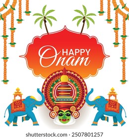  Cartel festivo de Onam con máscara de Kathakali, elefantes decorados y cocoteros