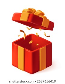Festive open red gift box with golden bow and ribbons, isolated on white background, colorful and cheerful concept of celebration and surprise. Vector illustration