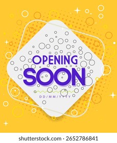 Festive Opening Soon Banner with Bold Purple 3D Text on White Shape, Glittering Starbursts, Polka Dot Highlights, and Yellow Background for Business Launch and Event Promotion