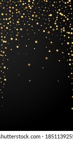 Festive optimal confetti. Celebration stars. Sparse gold confetti on black background. Glamorous festive overlay template. Vertical vector background.