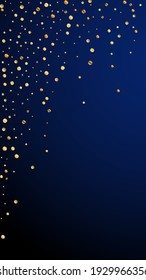 Festive optimal confetti. Celebration stars. Sparse gold confetti on dark blue background. Fresh festive overlay template. Vertical vector background.