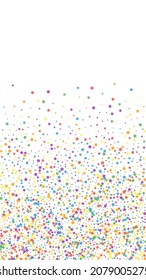 Festive optimal confetti. Celebration stars. Rainbow bright stars on white background. Graceful festive overlay template. Vertical vector background.