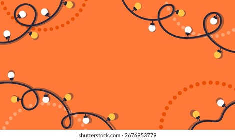 Festive orange background with garlands. Flat copy space design layout for Birthday party