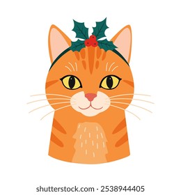  Festive Orange Cat with Holly Headband