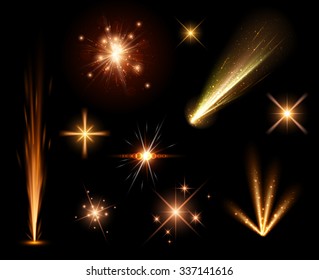 Festive orange firework set isolated on black background. Vector illustration.