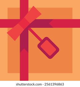 Festive orange gift box wrapped with a vibrant red ribbon and bow, featuring a blank red label, perfect for birthdays, holidays, or any special celebration