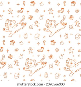 Festive orange seamless pattern with tiger, gingerbread cookie, mittens, tangerines and stars on a white background. For new year and christmas design, layout, banner, wallpaper, packaging, textile