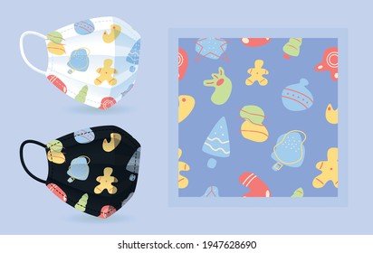 Festive ornament pattern face mask mockup with modern abstract seamless pattern. Christmas holiday. Flat vector shapes. Texture with trendy cartoon color icons. Decorative design with graphic elements