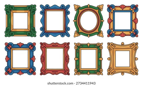 Festive ornate frames pack, jewel tone baroque borders, square shapes, carnival poster design, holiday flyer template, retro decorative vector