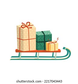 Festive ornate gift boxes with ribbon on Santa sleigh vector icon isolated. Wrapping present to celebrate Christmas, new year, flat design element illustration. Colorful Christmas gift present package