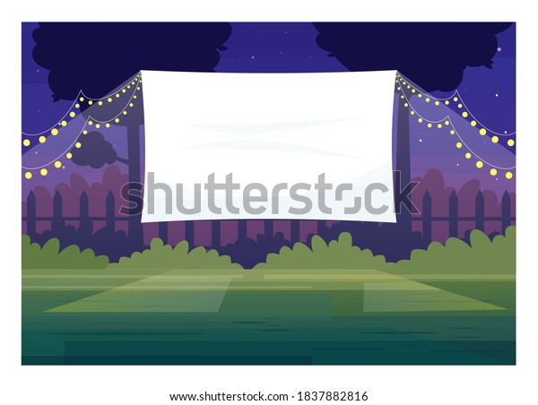 Festive outdoor cinema screen semi flat vector\
illustration. Open air decorated place with lanterns. Film premiere\
outside. Public park. Outdoors movie night 2D cartoon scene for\
commercial use