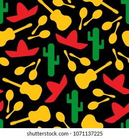 Festive outline mexican symbols seamless background. Vector pattern with silhouette cactus, sombrero, maracas and guitar. Illustraton in red, yellow, green and black colors for textile seamless print