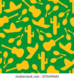 Festive outline mexican symbols seamless background. Vector pattern with native silhouette cactus, sombrero, maracas and guitar. Illustraton in green, yellow or orange colors for party decoration