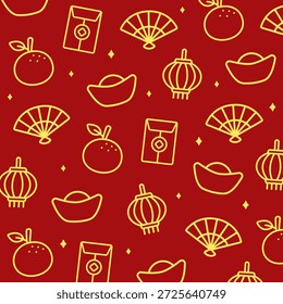 Festliches Umrissmuster mit chinesischen Laternen, Handlüftern, roten Umschlägen, Goldbarren und Orangen auf tiefrotem Hintergrund. Perfekt für traditionelle Neujahrskunst, Geschenkverpackung und symbolische Urlaubsbilder.