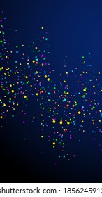 Festive outstanding confetti. Celebration stars. Bright confetti on dark blue background. Fresh festive overlay template. Vertical vector background.