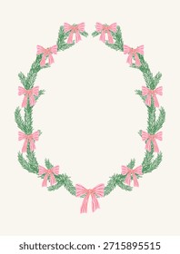 Quadro oval festivo de ramos de pinheiro decorado arcos de coquette rosa. Estilo de esboço desenhado à mão. Ilustração de vetor plana com espaço de cópia. Modelo moderno para fundo, capa, convite, etiqueta