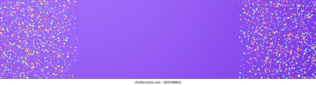Festive overwhelming confetti. Celebration stars. Colorful stars small on violet background. Actual festive overlay template. Panoramic vector background.
