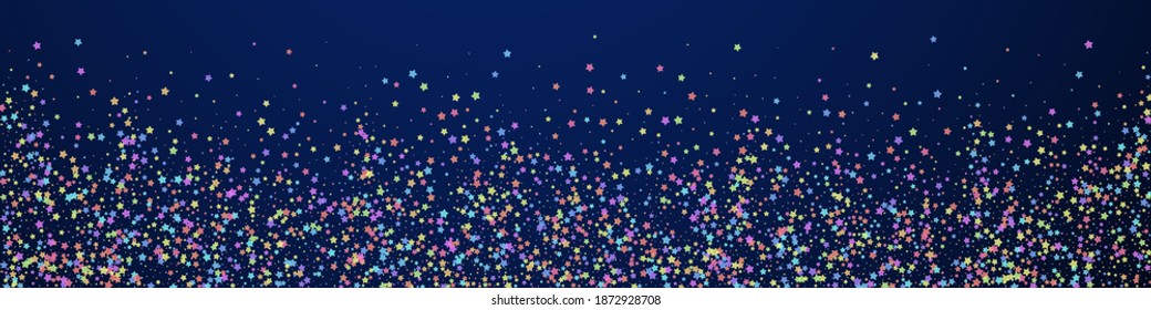 Festive overwhelming confetti. Celebration stars. Colorful stars small on dark blue background. Adorable festive overlay template. Panoramic vector background.